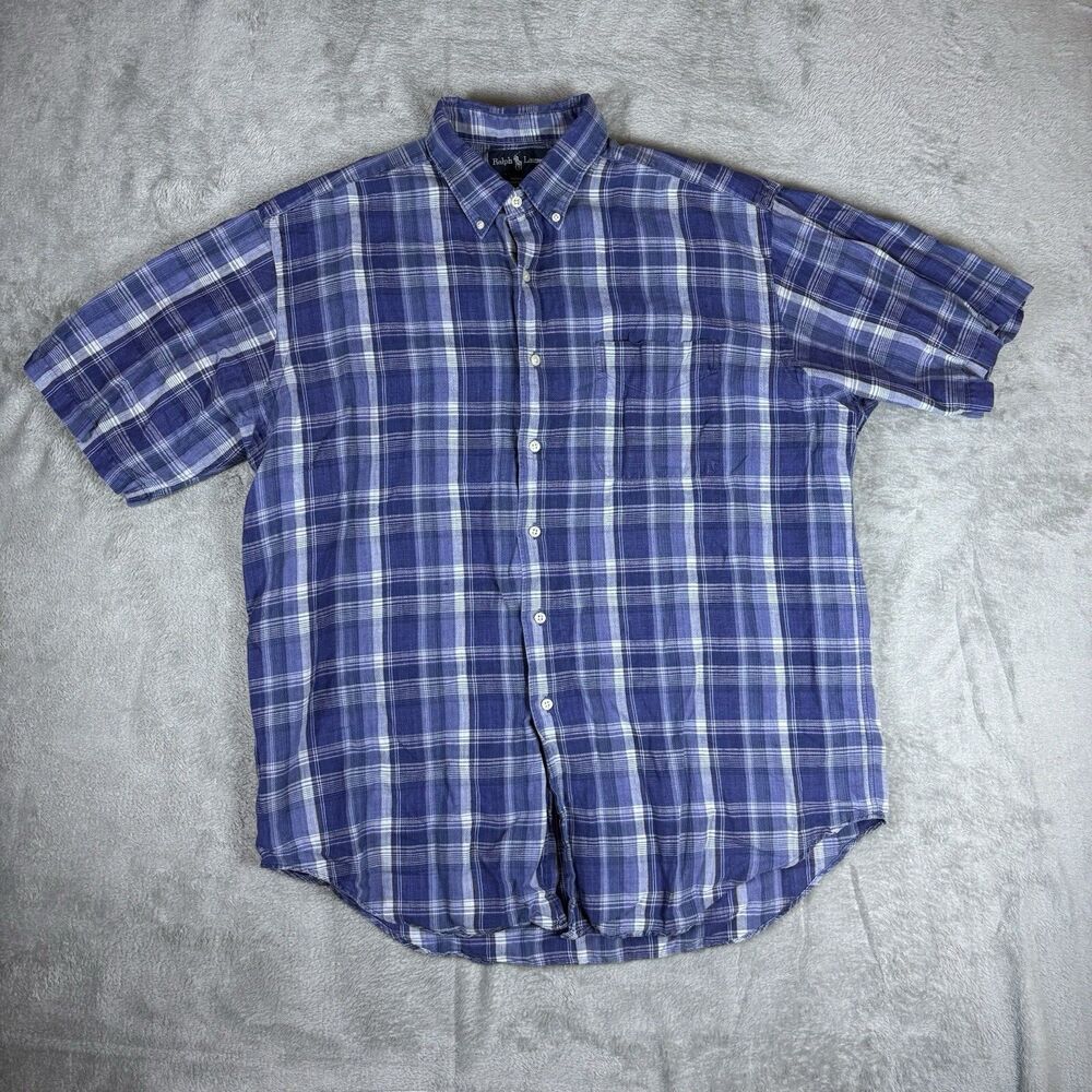 Polo Ralph Lauren Marlowe Linen Blend Short Sleeve Shirt Men’s Large‎ Blue Plaid